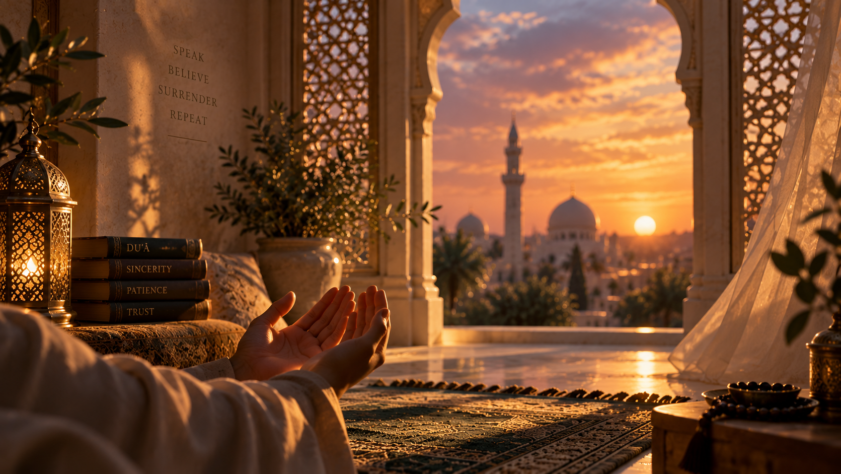 Hands raised in duʿā in a peaceful prayer space