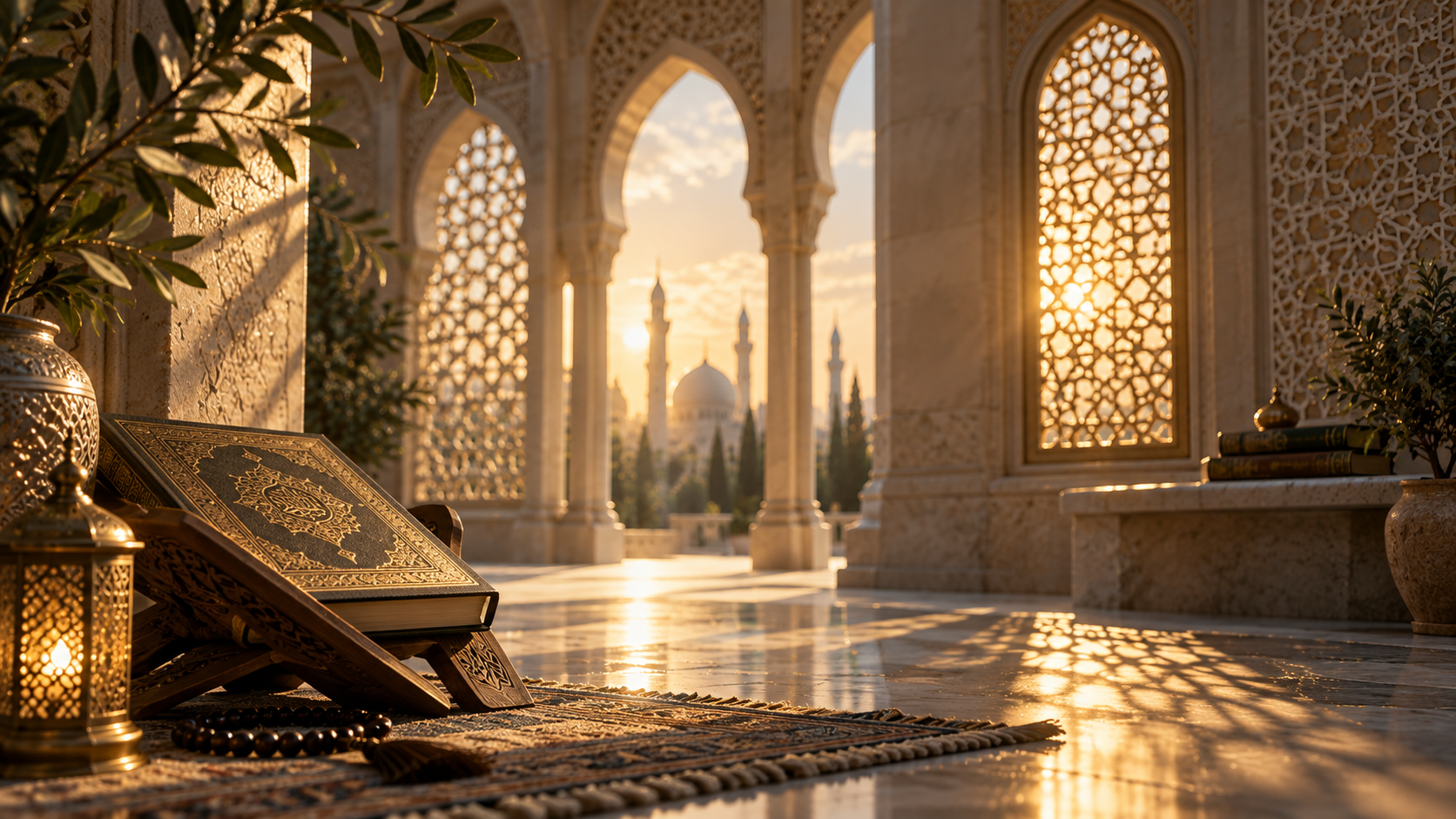 Serene Islamic study space in warm light