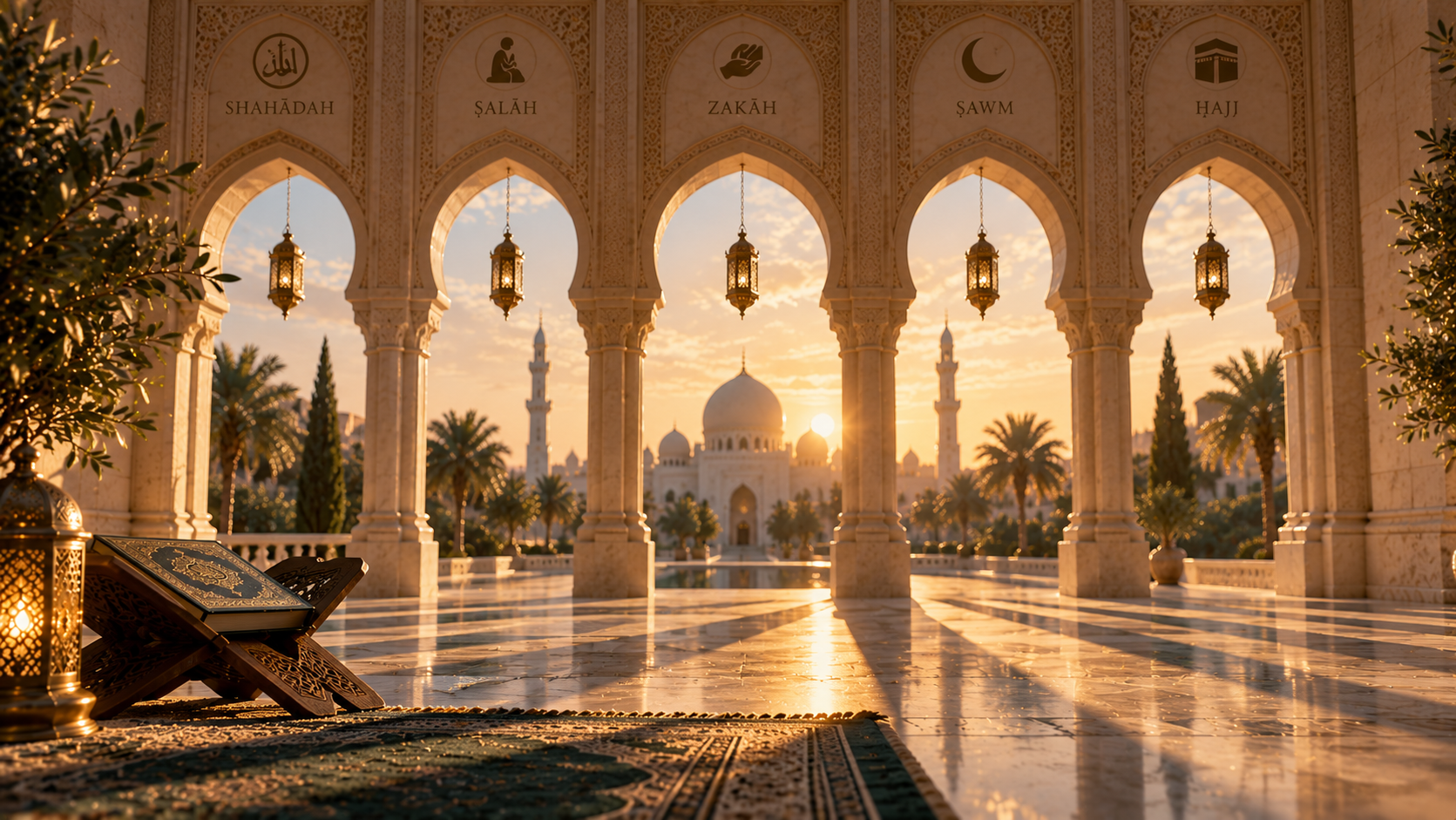 Five illuminated arches in an Islamic courtyard