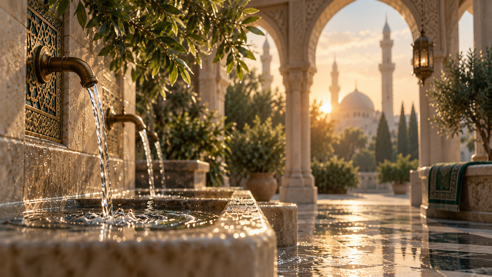 Tranquil ablution courtyard with flowing water